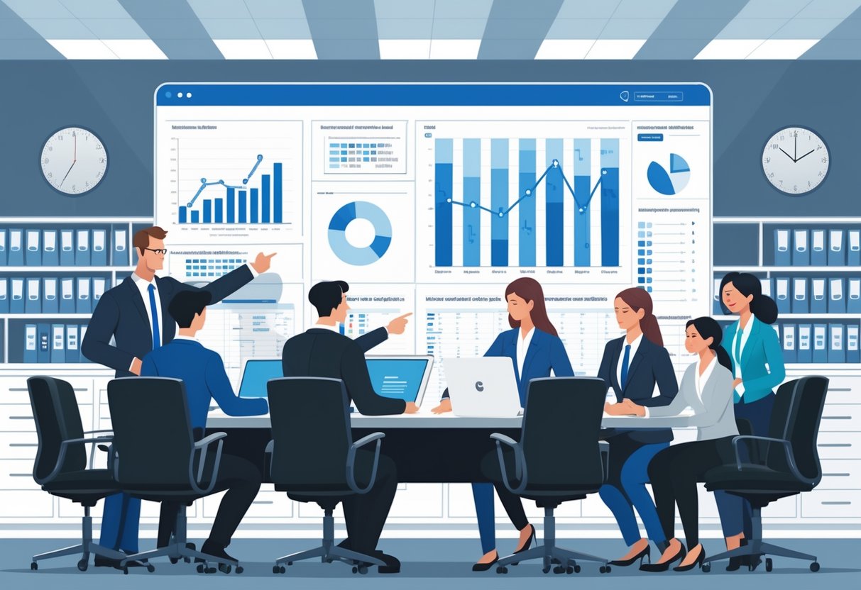 Support Strategies: Key Approaches for Effective Business Operations LearningMole A group of professionals working together around a table with digital screens showing charts and compliance symbols in an office setting.