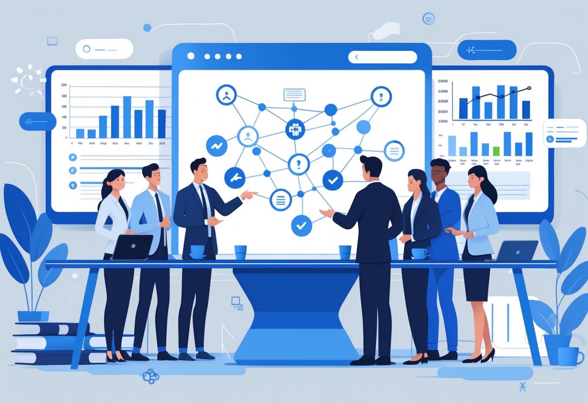 Support Strategies: Key Approaches for Effective Business Operations LearningMole A group of professionals working together around a digital table with icons and charts related to customer support and FAQ strategies in a modern office.