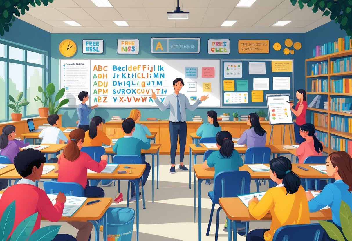 ESL Teaching Resources: Comprehensive Tools for Effective Lessons LearningMole A diverse group of students and a teacher in a bright classroom using various ESL teaching materials and resources.