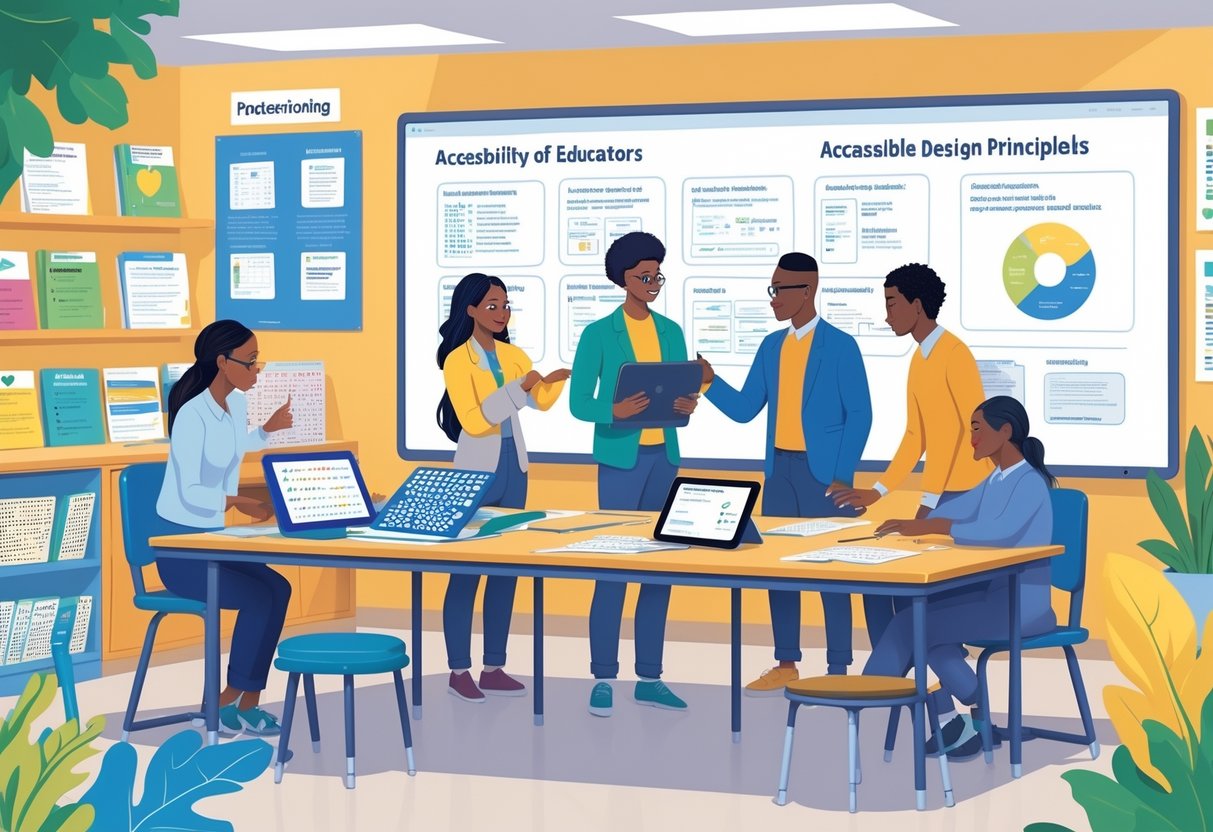 Accessible Teaching Materials: Essential Strategies for Inclusion LearningMole A group of educators working together around a table with accessible teaching materials like braille books, large-print worksheets, tactile tools, and tablets in a classroom.
