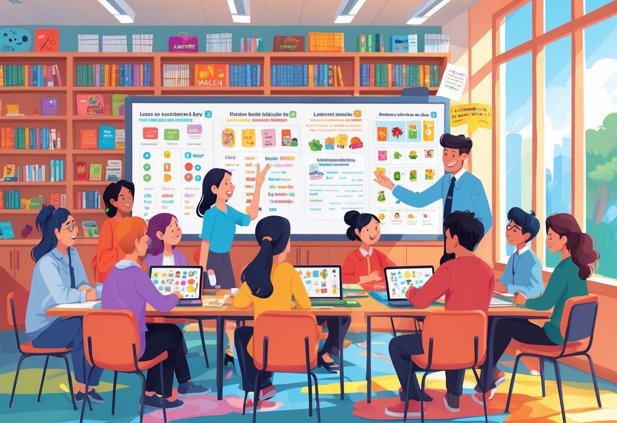 ESL Teaching Resources: Comprehensive Tools for Effective Lessons LearningMole A classroom scene with a teacher and diverse students using various vocabulary learning tools like flashcards, word charts, and tablets around a table.