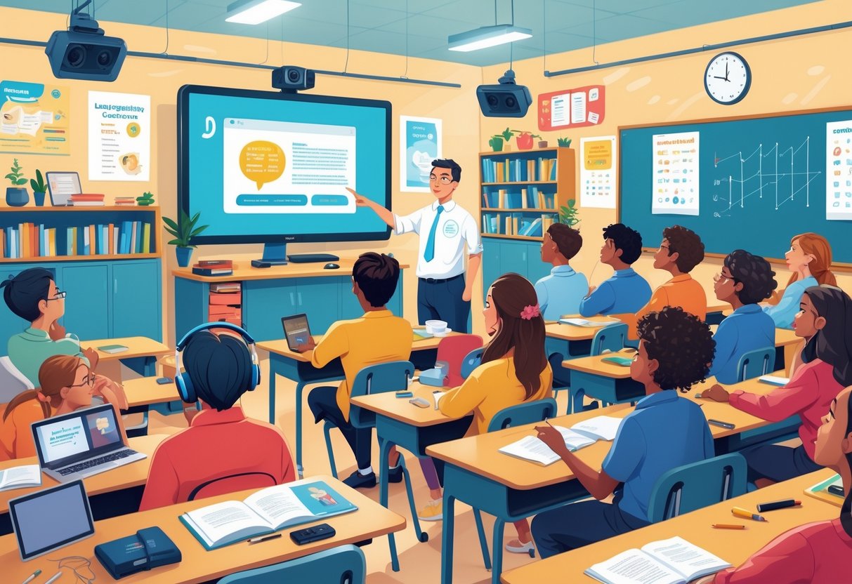 ESL Teaching Resources: Comprehensive Tools for Effective Lessons LearningMole A teacher showing a video lesson to a diverse group of students in a bright classroom with educational materials and technology.