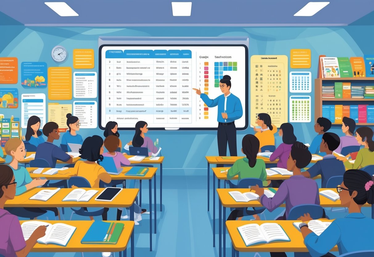 ESL Teaching Resources: Comprehensive Tools for Effective Lessons LearningMole A classroom with adult students and a teacher using various learning materials and a whiteboard for ESL test preparation.