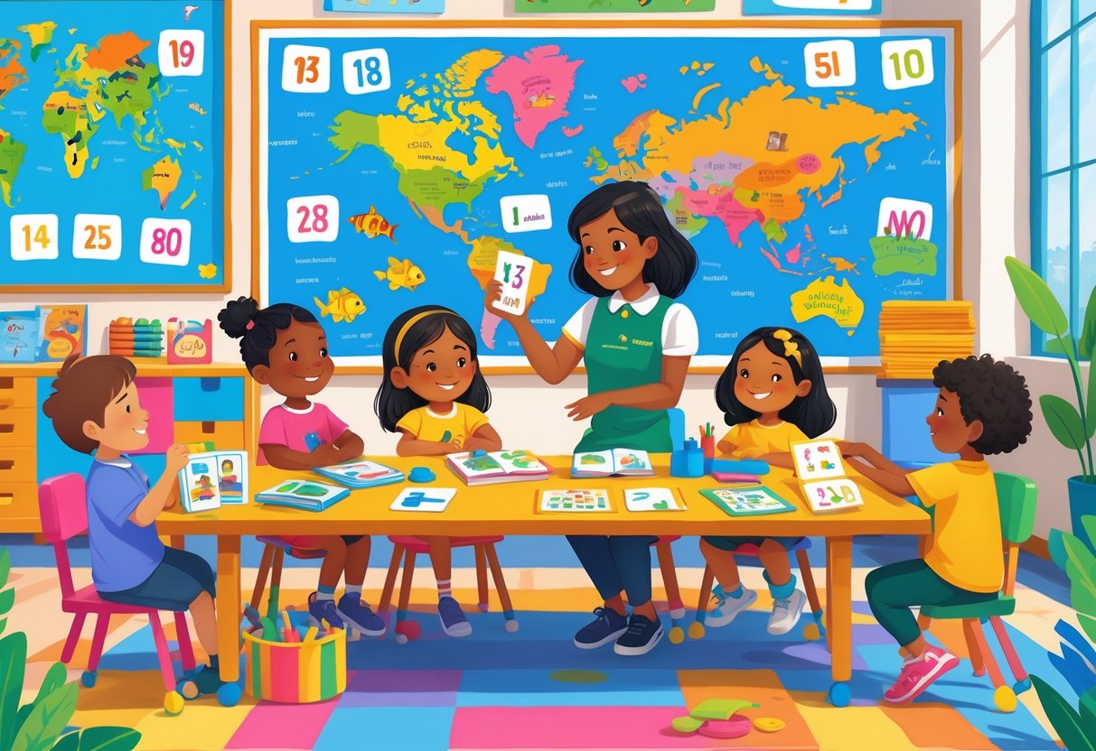 ESL Teaching Resources: Comprehensive Tools for Effective Lessons LearningMole A group of young children and a teacher in a colourful classroom engaged in learning English, with educational materials and a world map on the wall.