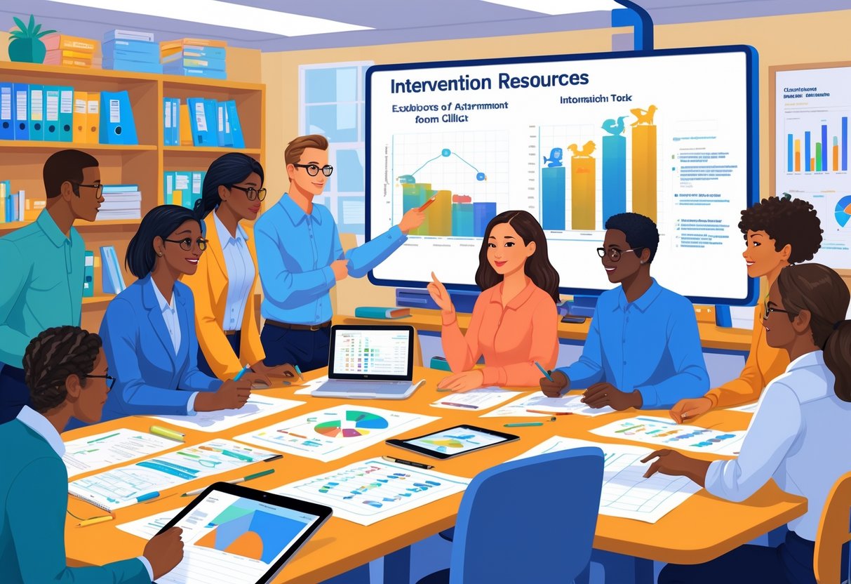 Intervention Resources: Your Guide to Tools, Support & Strategies LearningMole A group of educators and clinicians collaborating around a table with intervention tools and digital displays in a bright, organised room.