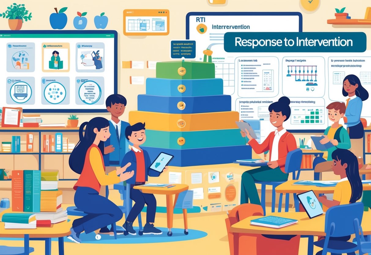 Intervention Resources: Your Guide to Tools, Support & Strategies LearningMole A group of educators and students working together in a classroom with educational tools and a visual representation of a multi-tiered support system for learning.