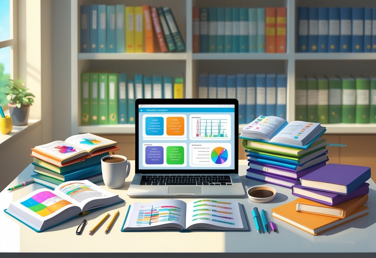 Homework Resources: Essential Tools and Guidance for Success LearningMole A desk with textbooks, a laptop, notebooks, a tablet, stationery, and a bookshelf filled with educational materials.