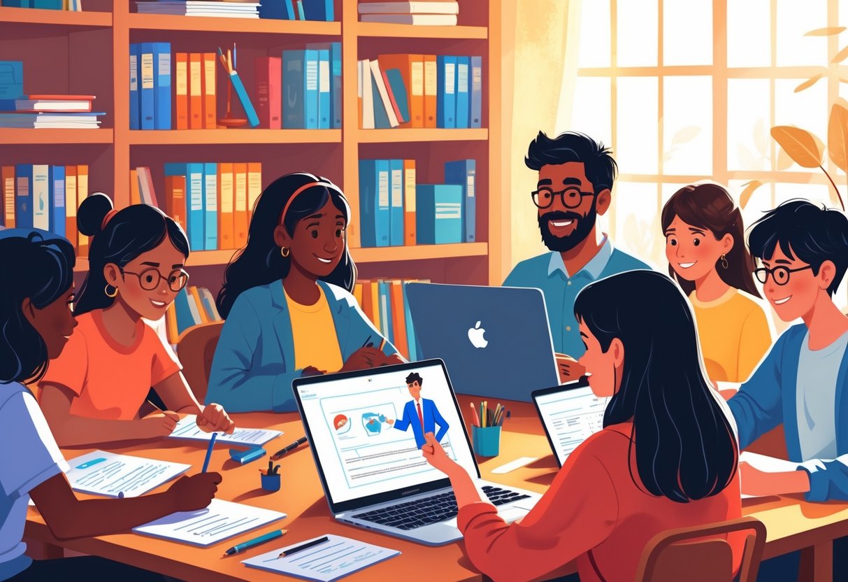 Homework Resources: Essential Tools and Guidance for Success LearningMole A group of students using laptops and tablets with a tutor visible on a computer screen, surrounded by books and study materials.