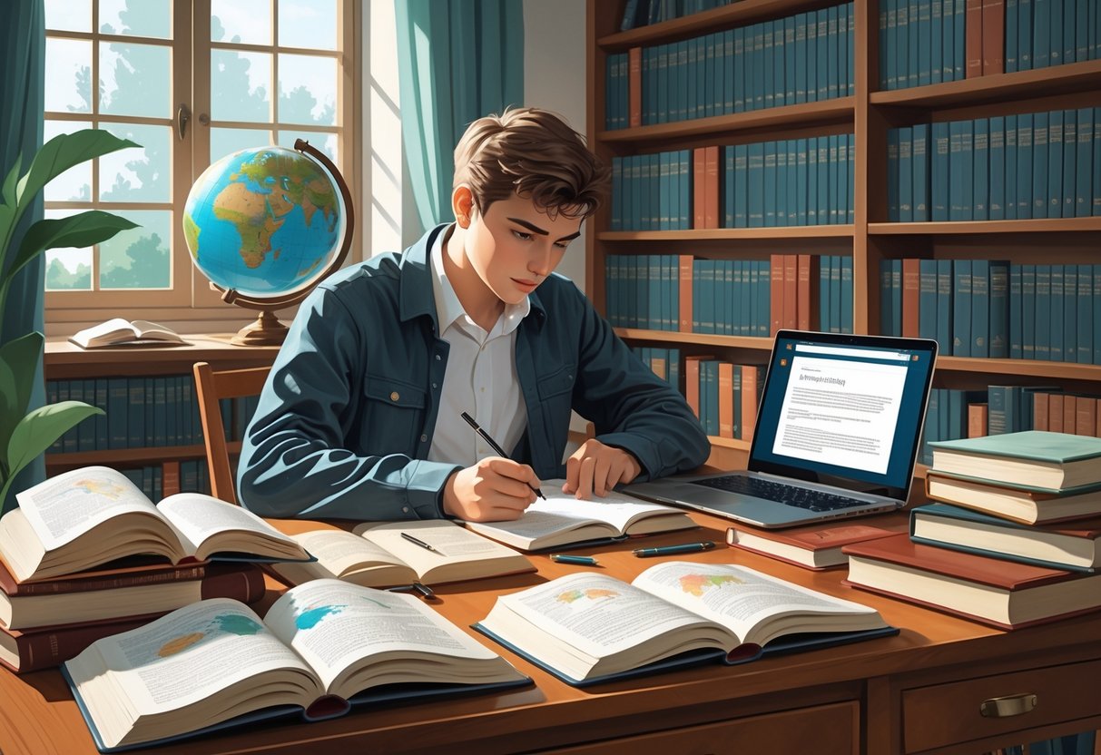 Homework Resources: Essential Tools and Guidance for Success LearningMole A student studying at a desk with open encyclopaedias, reference books, a laptop, and a globe in a well-lit study room.