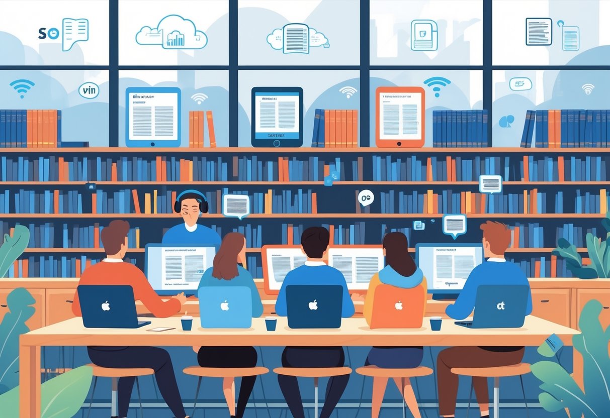 Homework Resources: Essential Tools and Guidance for Success LearningMole Students using laptops and tablets at a table surrounded by bookshelves, accessing digital books and library resources in a bright study room.
