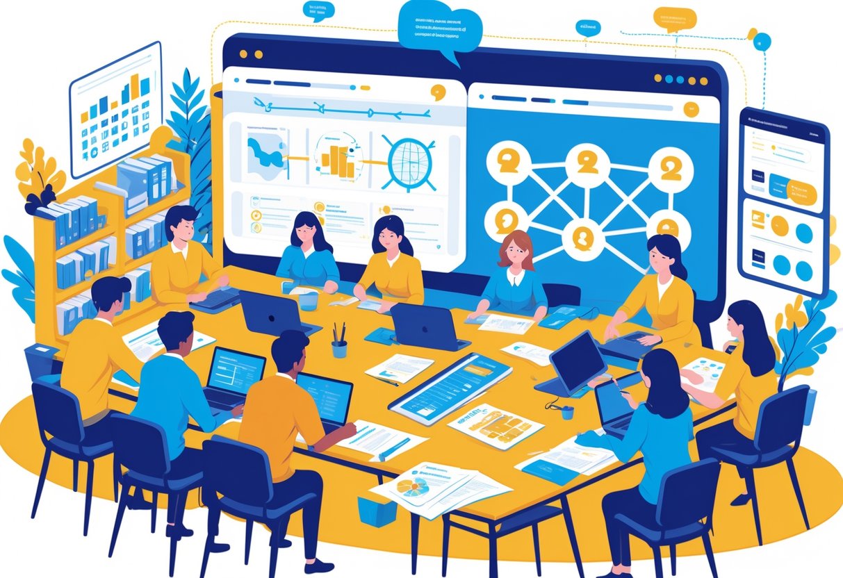 Intervention Resources: Your Guide to Tools, Support & Strategies LearningMole A group of people working together around a table with laptops and documents, with charts and diagrams displayed on a screen and whiteboard in a bright office.