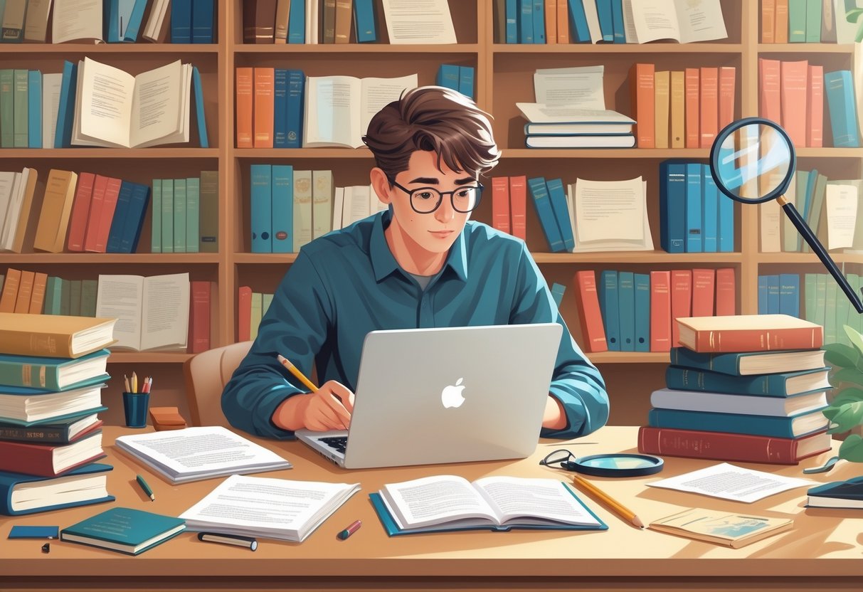 Homework Resources: Essential Tools and Guidance for Success LearningMole A student studying at a desk with a laptop, books, and documents, surrounded by research materials in a quiet room.