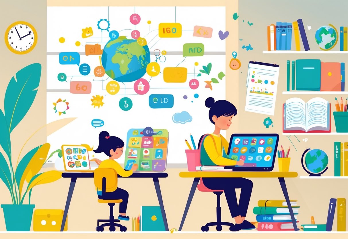 Homework Resources: Essential Tools and Guidance for Success LearningMole A scene showing children of different ages using various homework resources including books, tablets, and laptops in a bright study area.