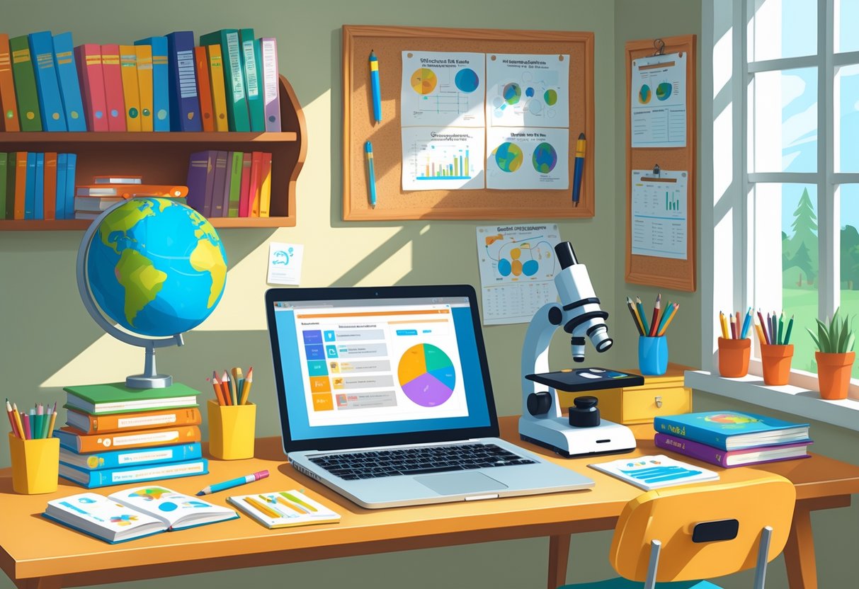 Home Learning Resources: The Complete Guide for Parents LearningMole A tidy home study desk with books, a laptop, a globe, a microscope, and stationery arranged to support learning different school subjects.
