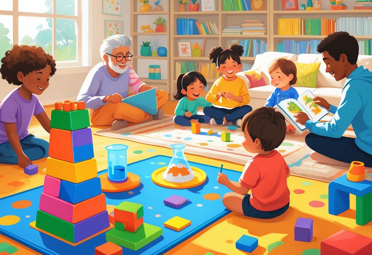 Family Learning Activities: Engaging Ideas for Every Household LearningMole A family of different ages participating in various learning activities together in a bright room, including building blocks, painting, a science experiment, and reading.