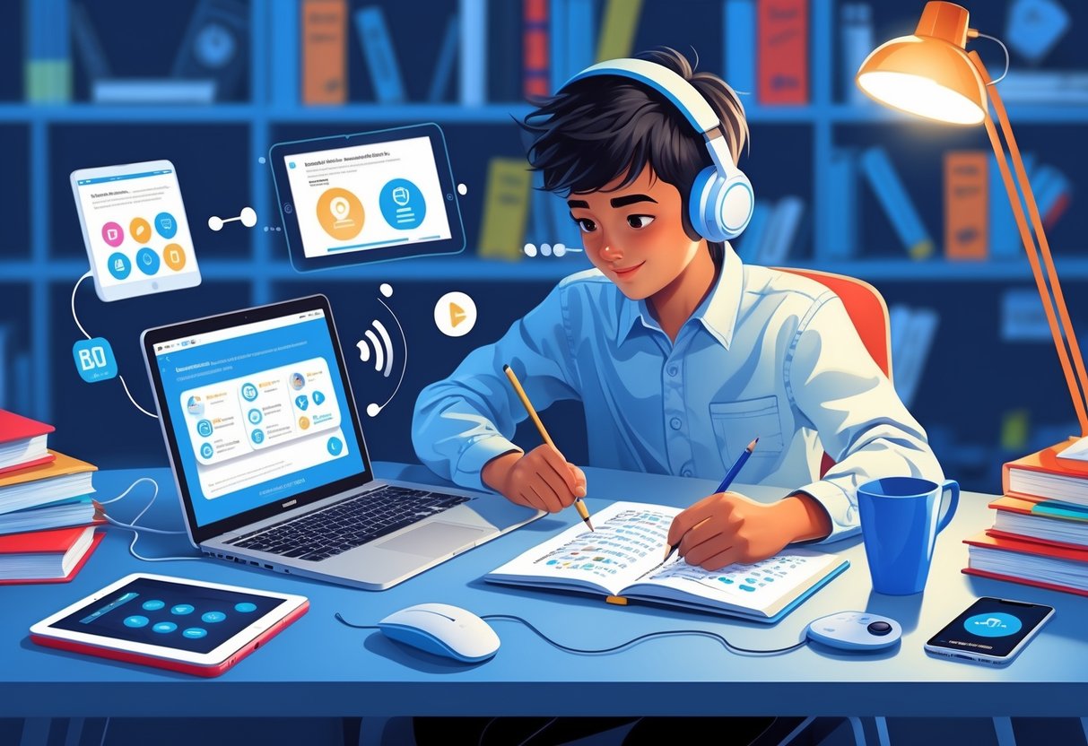 Homework Ideas: Creative Strategies for Engaged Learning LearningMole A student sitting at a desk using a laptop, tablet, and headphones to do homework with books and digital devices around.