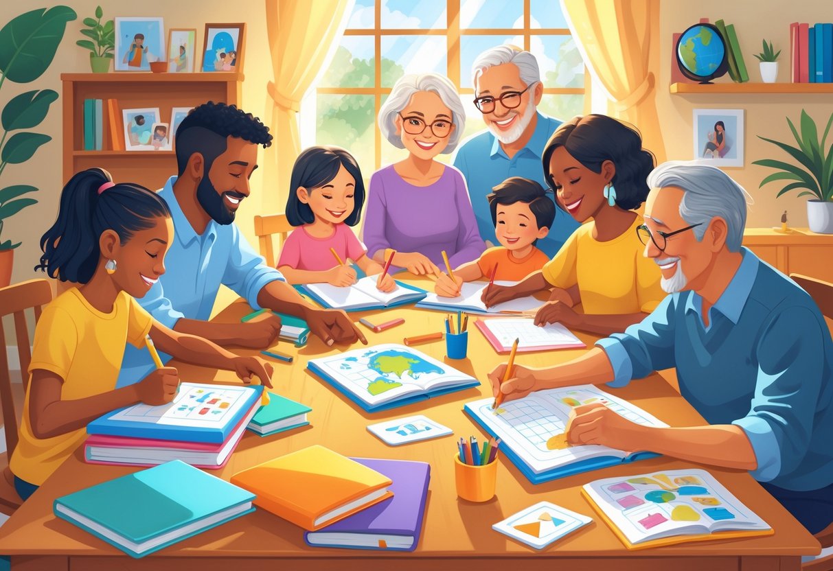 Homework Ideas: Creative Strategies for Engaged Learning LearningMole A family of different ages working together on homework around a table in a bright living room.