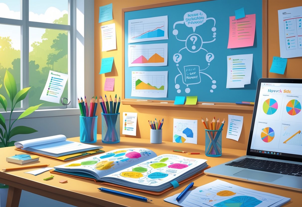 Homework Ideas: Creative Strategies for Engaged Learning LearningMole A tidy desk with an open notebook, stationery, a laptop, and a board with pinned papers and question marks, representing homework ideas and planning.