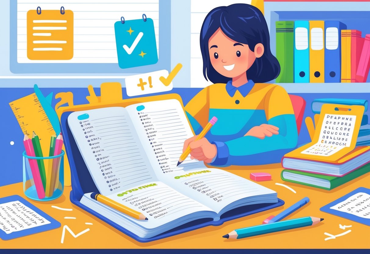 Spelling Homework: Ideas, Activities & Tips for Success LearningMole A child writing spelling words at a desk with a guiding adult nearby and educational materials around them.