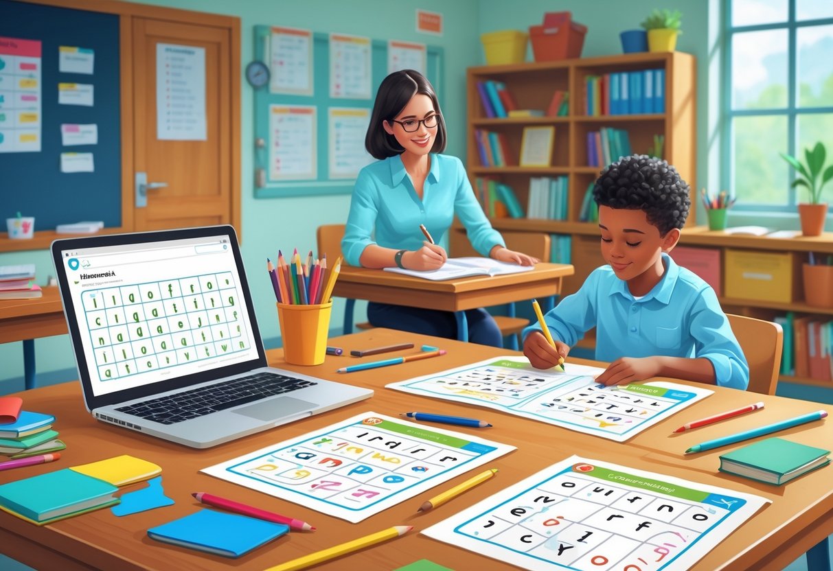 Spelling Homework: Ideas, Activities & Tips for Success LearningMole A teacher helping a young student with spelling worksheets at a desk in a classroom.