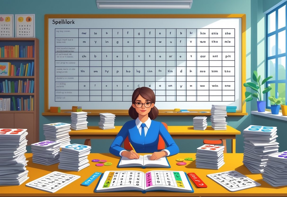 Spelling Homework: Ideas, Activities & Tips for Success LearningMole A teacher organising spelling lists and word cards at a desk in a classroom filled with books and learning materials.
