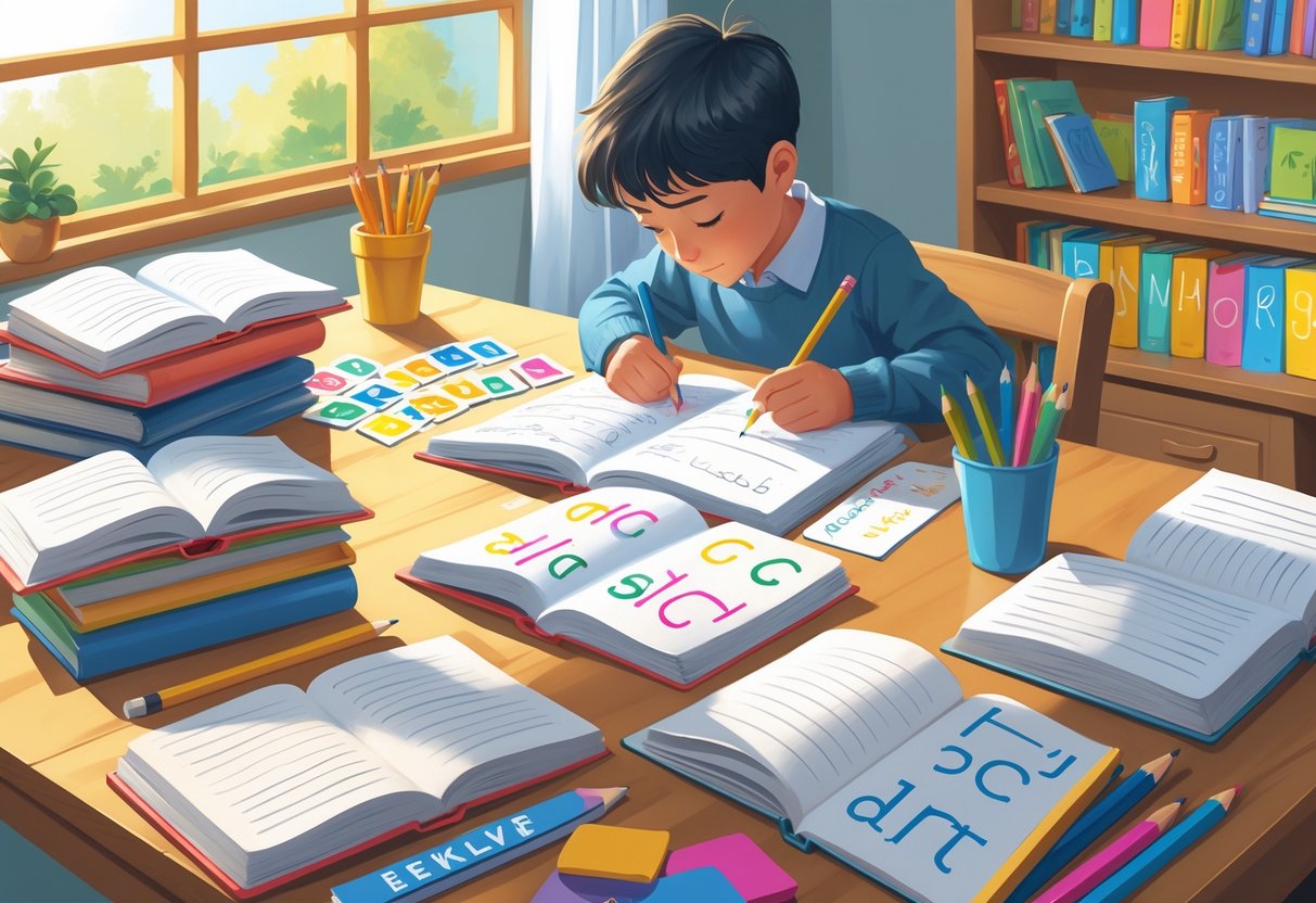 Spelling Homework: Ideas, Activities & Tips for Success LearningMole A young student sitting at a desk with books and writing materials, focused on homework in a well-lit room with a bookshelf in the background.