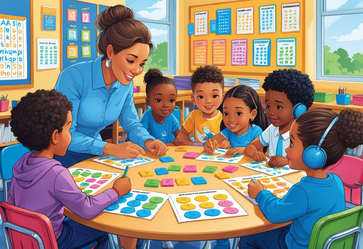 Spelling Homework: Ideas, Activities & Tips for Success LearningMole A teacher helping a diverse group of children with spelling homework in a bright classroom, showing inclusive learning with different abilities.