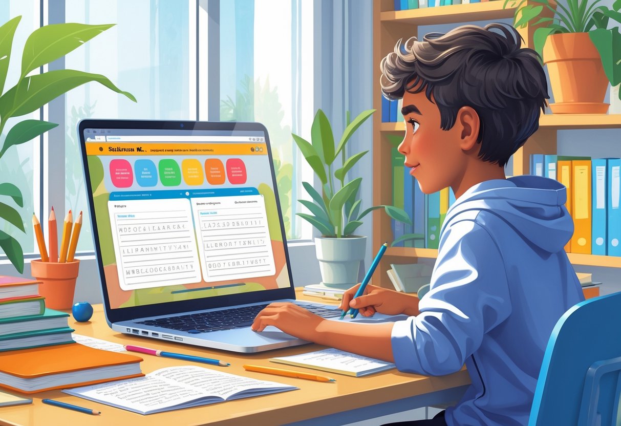 Spelling Homework: Ideas, Activities & Tips for Success LearningMole A young student working on spelling homework at a desk using a laptop in a bright room with bookshelves and plants.