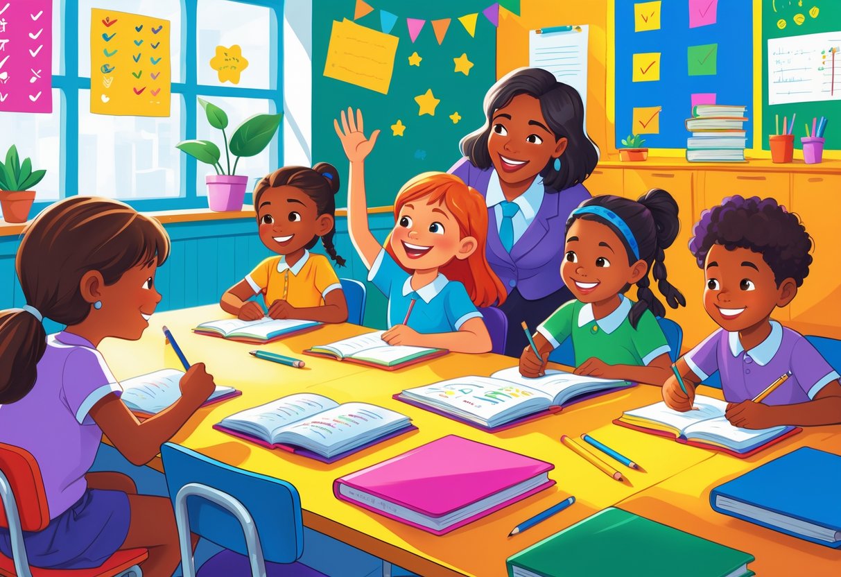 Spelling Homework: Ideas, Activities & Tips for Success LearningMole Children happily working on spelling homework at a classroom table while a teacher encourages them.