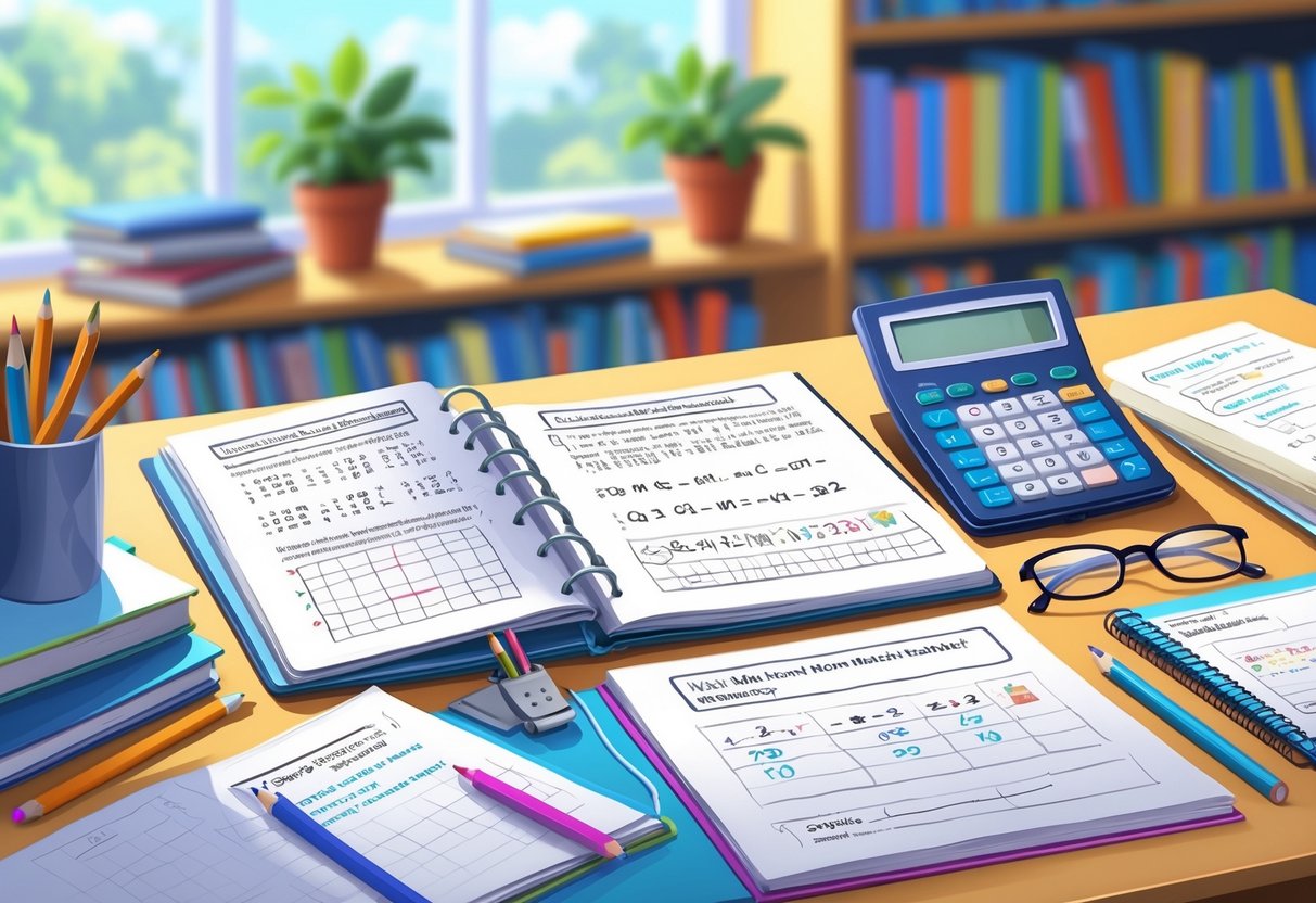 Maths Homework: Essential Strategies, Topics, and Resources LearningMole A study desk with maths worksheets, a notebook, calculator, coloured pencils, and a ruler arranged neatly.