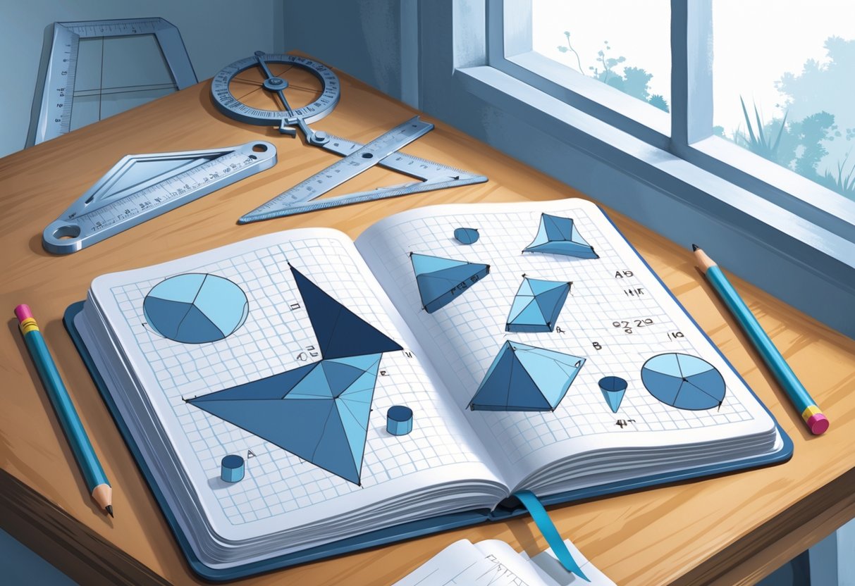 Maths Homework: Essential Strategies, Topics, and Resources LearningMole A desk with an open notebook showing detailed geometric diagrams and maths tools like a pencil, ruler, compass, and protractor.