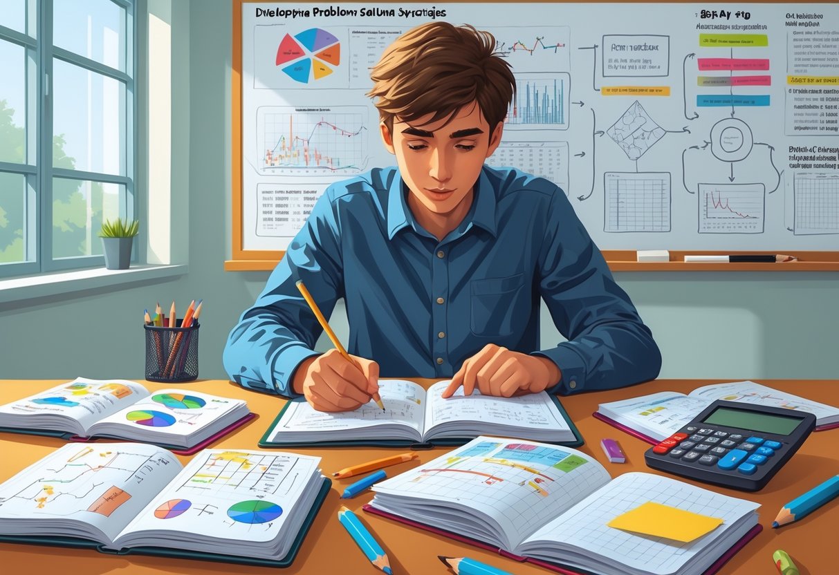 Maths Homework: Essential Strategies, Topics, and Resources LearningMole A student working at a desk with maths homework, surrounded by notebooks, a calculator, and notes, focusing on problem-solving strategies.