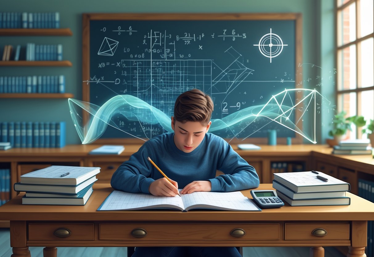 Maths Homework: Essential Strategies, Topics, and Resources LearningMole A student working on advanced mathematics homework at a desk filled with books and notes, with mathematical symbols and diagrams around them.