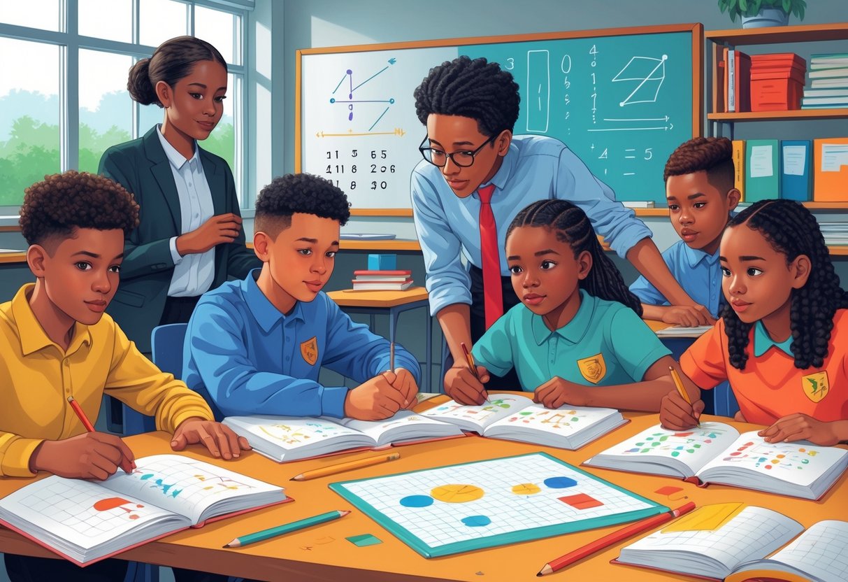 Maths Homework: Essential Strategies, Topics, and Resources LearningMole A teacher helping a group of pupils with maths homework in a classroom, with notebooks and maths materials on the table.