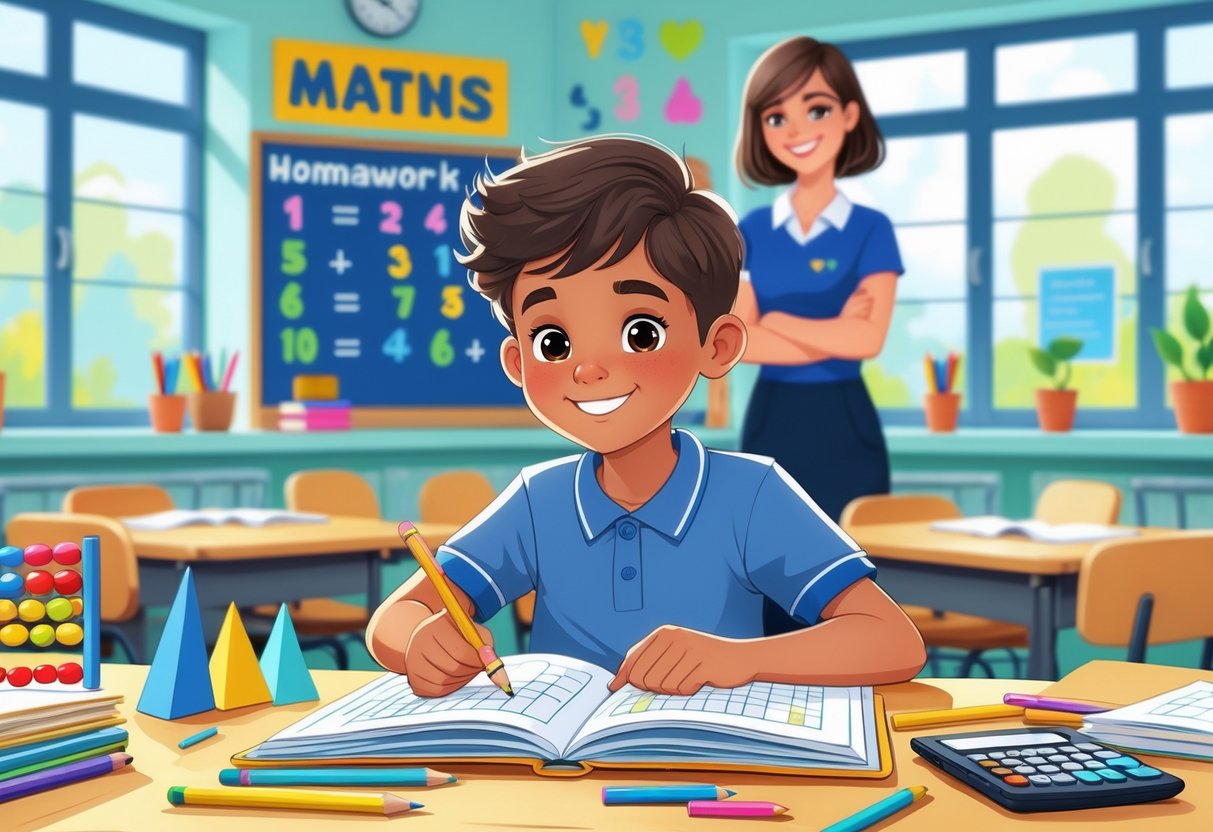 Maths Homework: Essential Strategies, Topics, and Resources LearningMole A student working independently on maths homework at a desk with a teacher nearby offering support in a bright classroom.