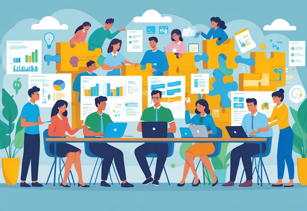 A group of people working together in an office, solving problems and sharing ideas to overcome challenges.