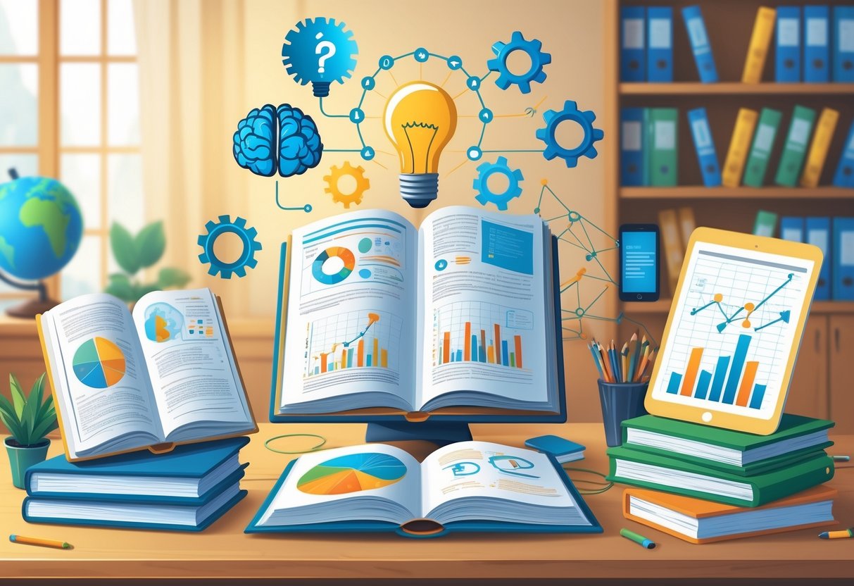 Educational Theory Resources: Essential Guides, Tools & Collections LearningMole A study desk with books, tablets, a globe, and symbols representing ideas and learning arranged neatly in a calm, well-lit room.