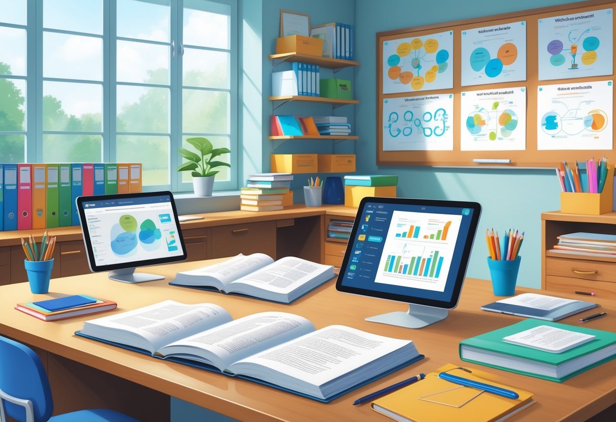 Educational Theory Resources: Essential Guides, Tools & Collections LearningMole A tidy educational workspace with books, tablets, a laptop, and shelves filled with teaching resources.