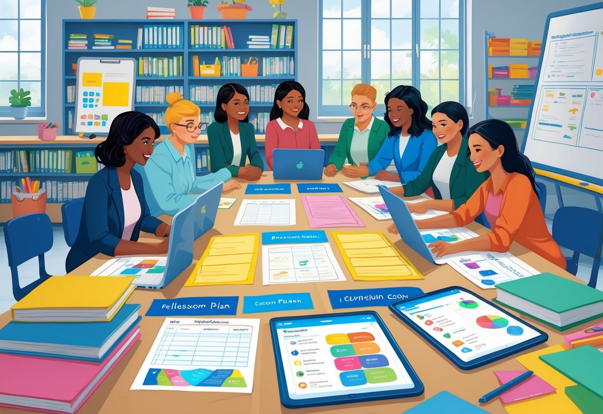 Pedagogical Resources: Key Types, Methods & Practical Applications LearningMole Teachers working together around a table with lesson plans and educational materials in a bright classroom.