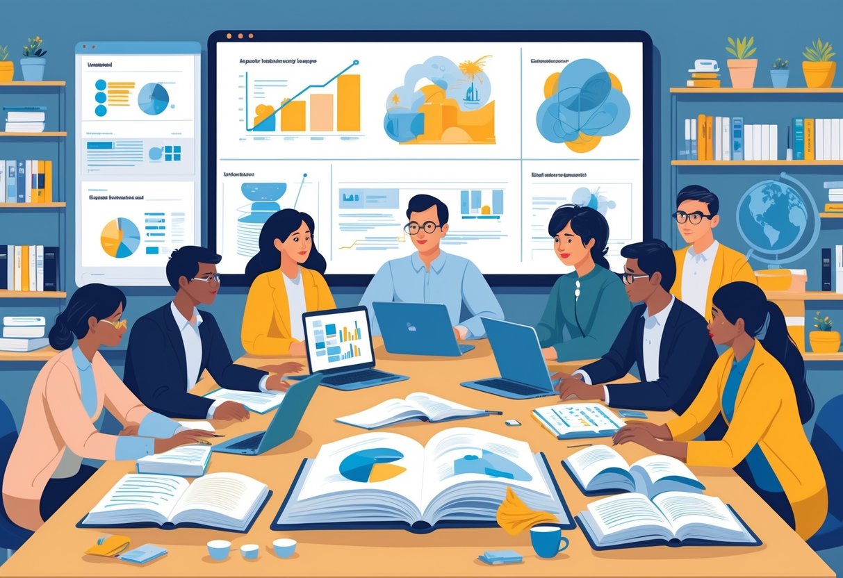 Educational Theory Resources: Essential Guides, Tools & Collections LearningMole A group of educators and researchers collaborating around a table with books, tablets, and laptops in a bright room filled with educational resources and a large screen displaying abstract learning visuals.