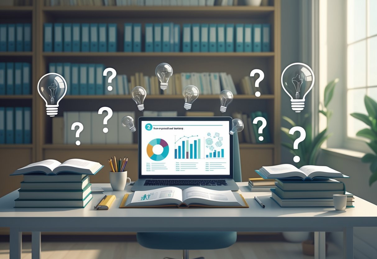 Pedagogical Resources: Key Types, Methods & Practical Applications LearningMole A tidy workspace with books, a laptop, and floating question marks and lightbulbs representing educational resources and questions.