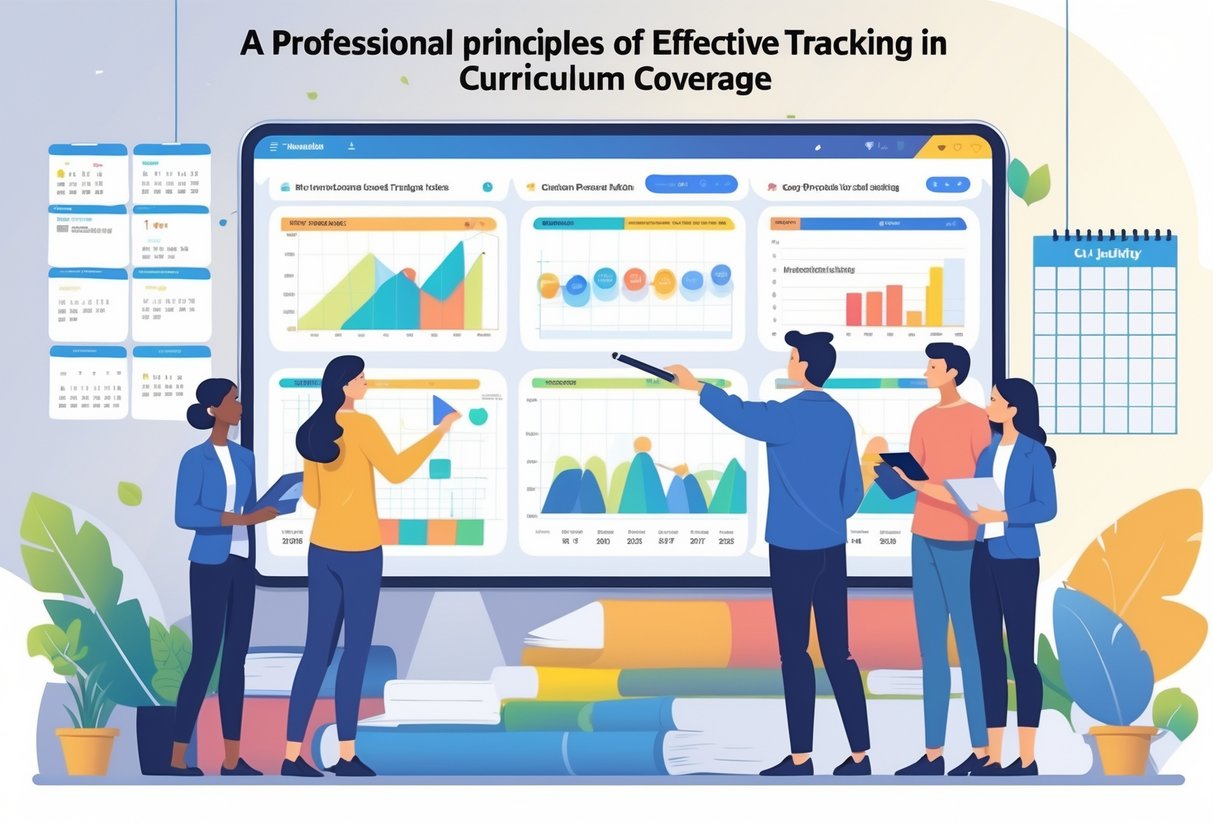 Curriculum Coverage Tracking: Strategies and Tools for Student Progress LearningMole A group of educators working together around a large digital display showing charts and progress bars to track curriculum coverage.