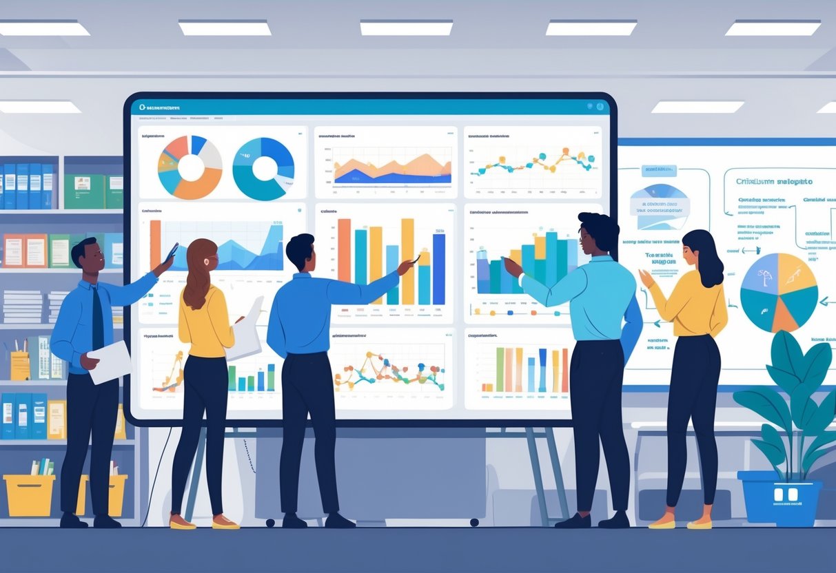 Curriculum Coverage Tracking: Strategies and Tools for Student Progress LearningMole A group of educators working together around a digital table displaying charts and graphs about curriculum coverage tracking in an office setting.
