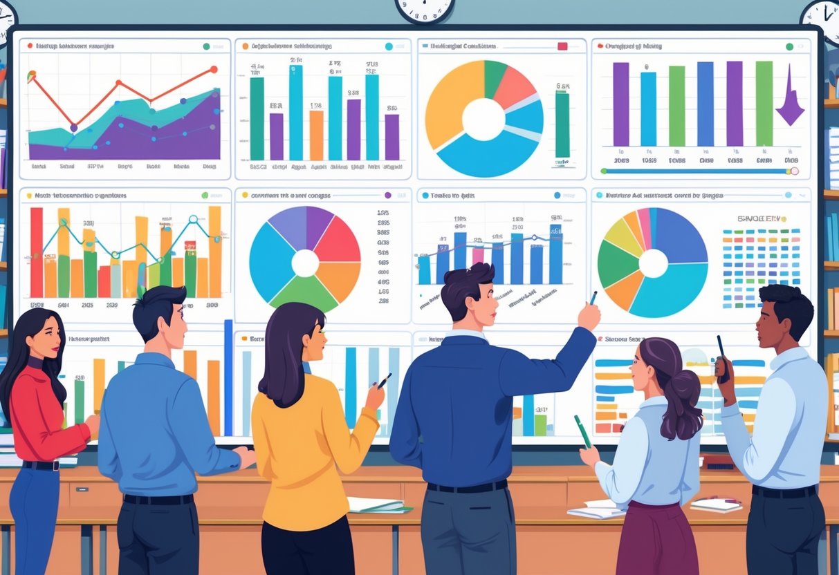 Curriculum Coverage Tracking: Strategies and Tools for Student Progress LearningMole Educators reviewing colourful charts and graphs on a large screen showing student progress and curriculum coverage over time in a classroom setting.