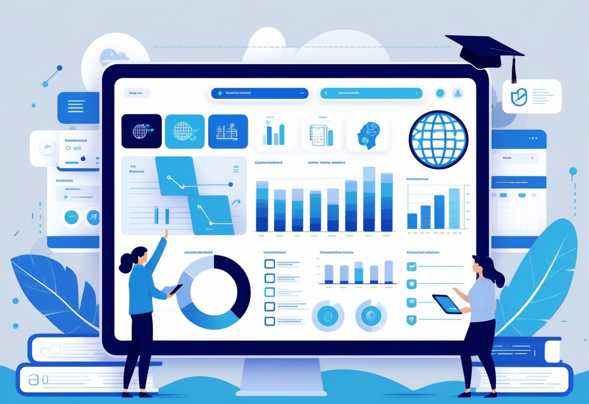 Curriculum Coverage Tracking: Strategies and Tools for Student Progress LearningMole A digital dashboard showing charts and checklists representing curriculum coverage, with icons of an open book, graduation cap, and globe, set against a faint classroom background with students and a teacher using digital devices.