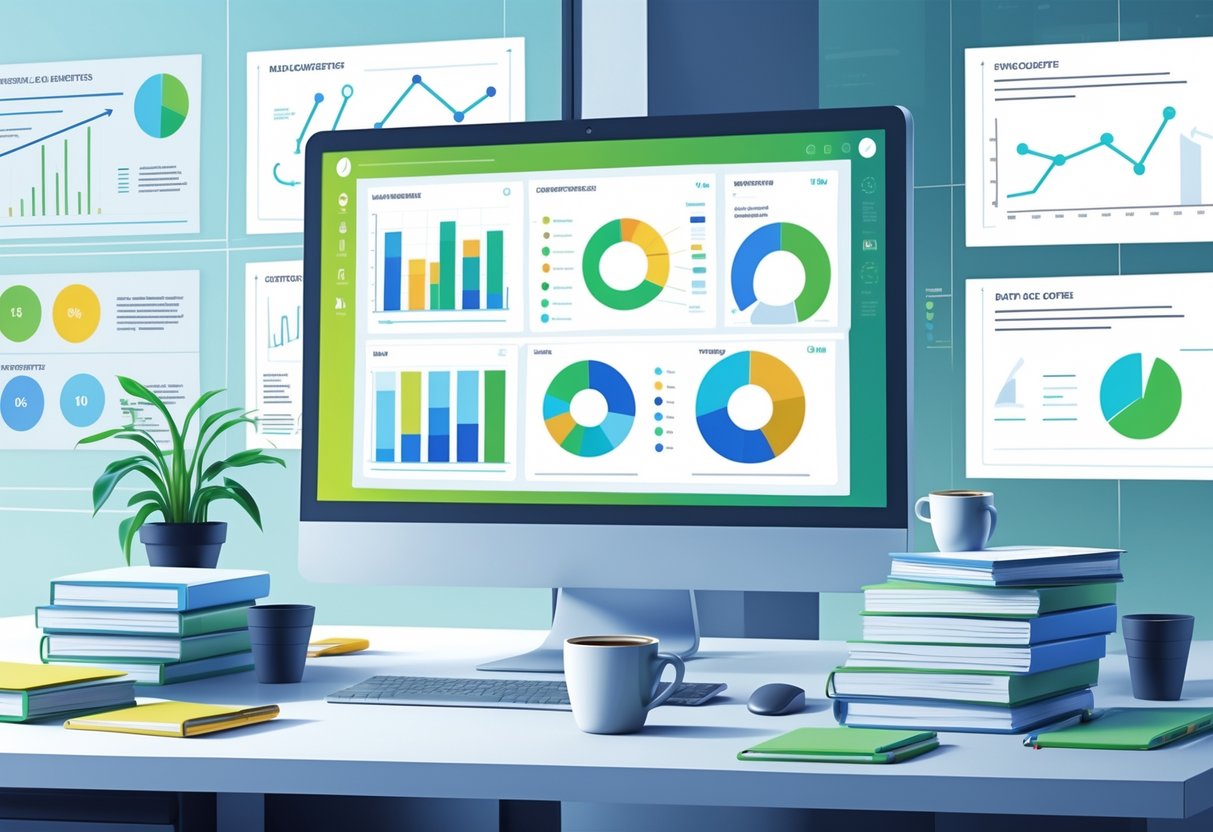 Curriculum Coverage Tracking: Strategies and Tools for Student Progress LearningMole A workspace with a computer showing colourful charts and graphs related to tracking curriculum coverage, with documents and a whiteboard in the background.