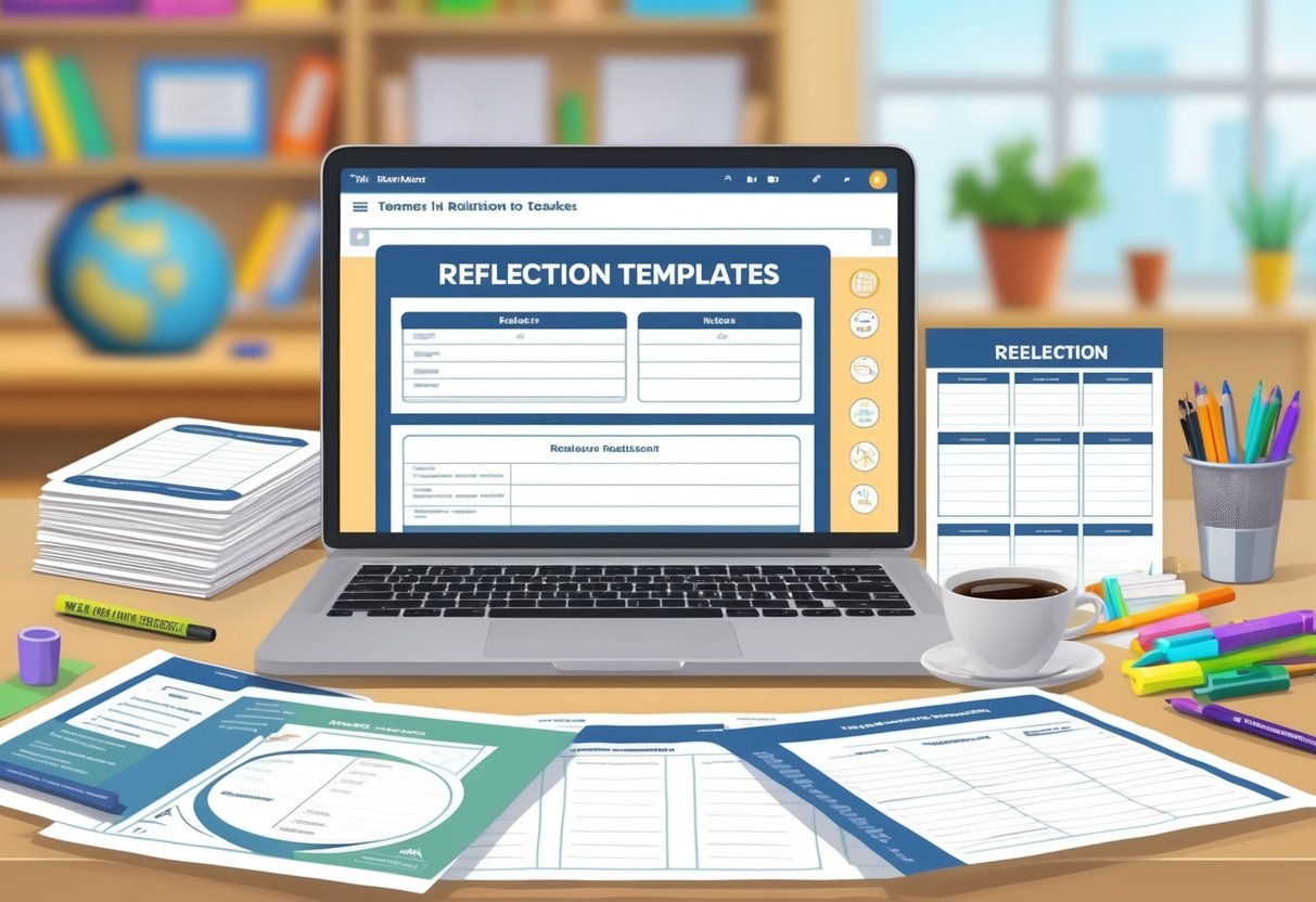 Teacher Reflection Templates: Practical Tools for Reflective Practice teacher reflection LearningMole A teacher's desk with digital and printed reflection templates, pens, a laptop, and a cup of coffee in a classroom setting.