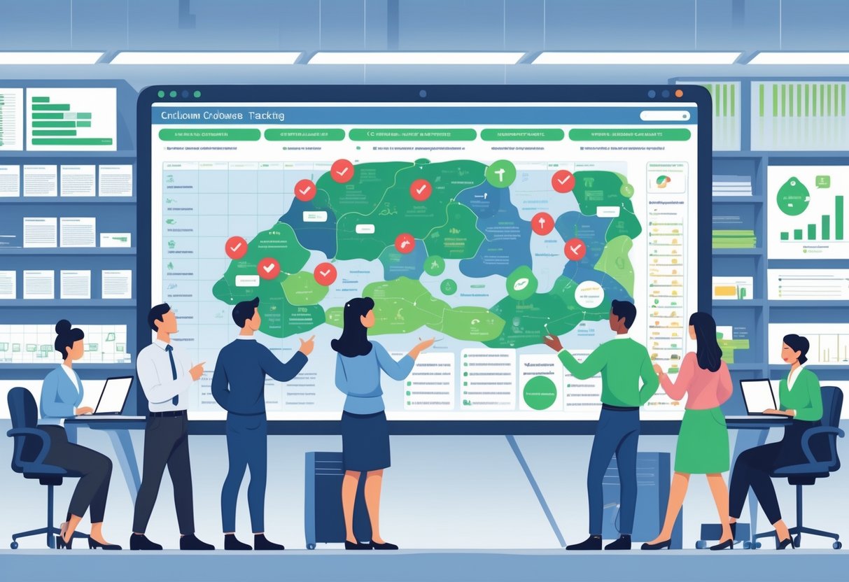 Curriculum Coverage Tracking: Strategies and Tools for Student Progress LearningMole A group of educators working together around a digital screen showing a curriculum map with areas marked as completed or needing attention.