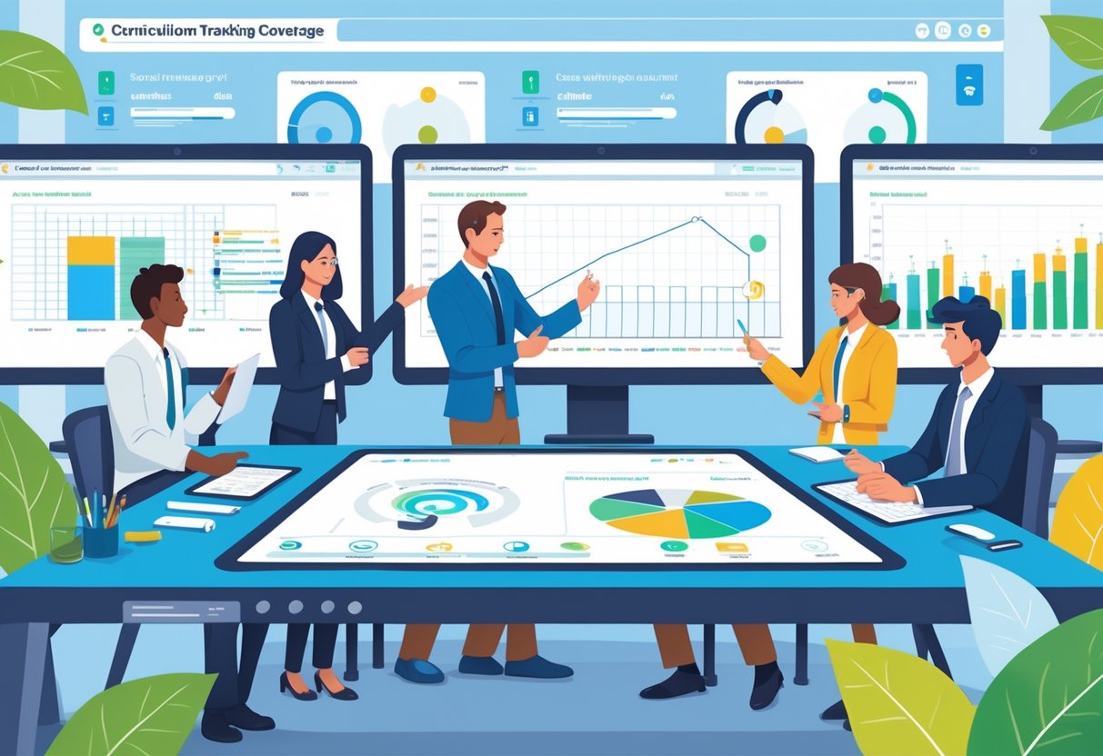 Curriculum Coverage Tracking: Strategies and Tools for Student Progress LearningMole A group of professionals collaborating around a digital table displaying charts and graphs related to tracking curriculum progress in a bright office.