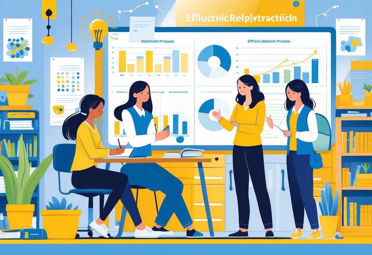 Teacher Reflection Templates: Practical Tools for Reflective Practice teacher reflection LearningMole A group of teachers in a classroom thoughtfully reflecting and discussing ideas with teaching materials around them.